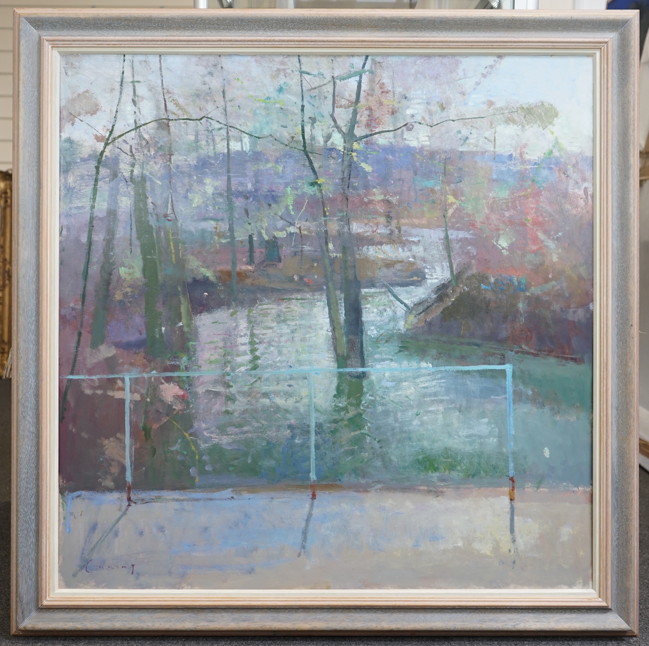 Fred Cuming RA NEAC Hon RBA Hon ROI, (English 1930-2022), 'River L'Oise', oil on board, 90 x 90cm